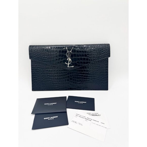 Saint Laurent YSL Black Uptown Pouch In Crocodile Embossed Shiny Leather - Picture 2 of 9